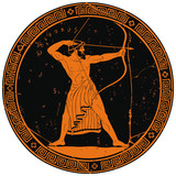 The hero of the ancient Greek myths Odysseus. Warrior with a weapon on the round black medallion. Archer with a bow in his hands.