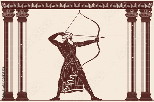 The hero of the ancient Greek myths Odysseus. Warrior with a weapon in the temple between the columns. Archer with a bow in his hands.