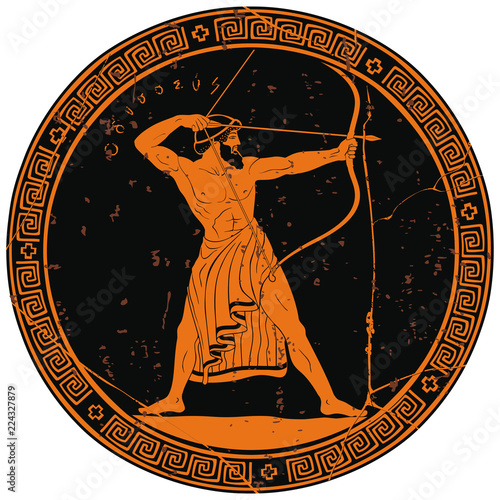 The hero of the ancient Greek myths Odysseus. Warrior with a weapon on the round black medallion. Archer with a bow in his hands.
