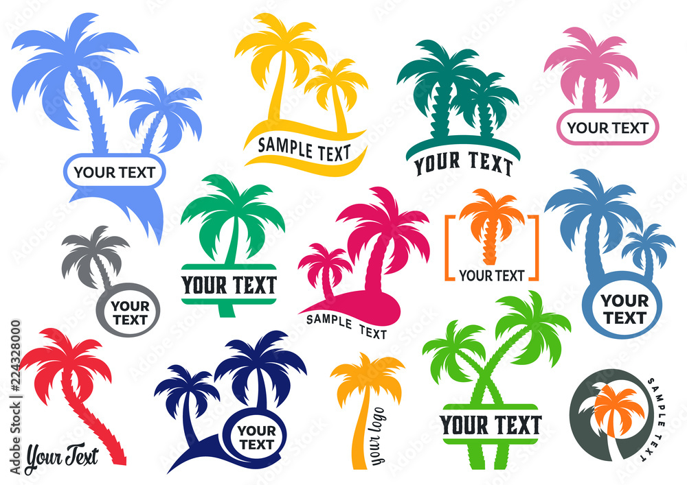 Colorful vector palm tree silhouette logo set
