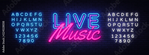 Live Music neon sign vector. Live Music Design template neon sign, light banner, neon signboard, nightly bright advertising, light inscription. Vector illustration. Editing text neon sign