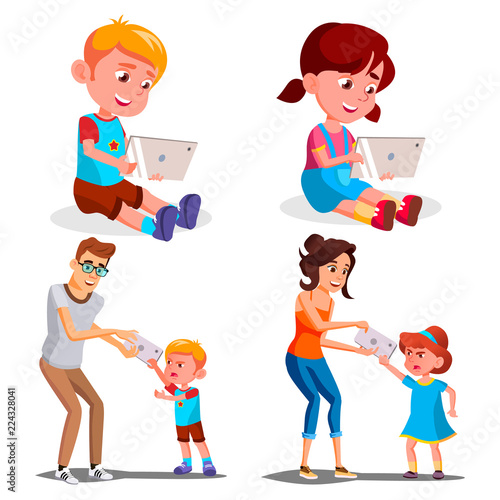 Children s Gadget Dependence Vector. Father, Mother Takes Smartphone From Daughter. Internet Addiction. Modern Technologies. Isolated Cartoon Illustration