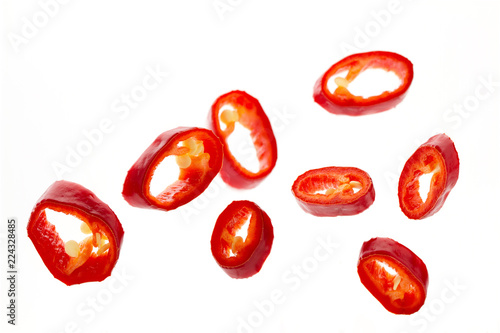 Pieces of red chili pepper close-up, planted up