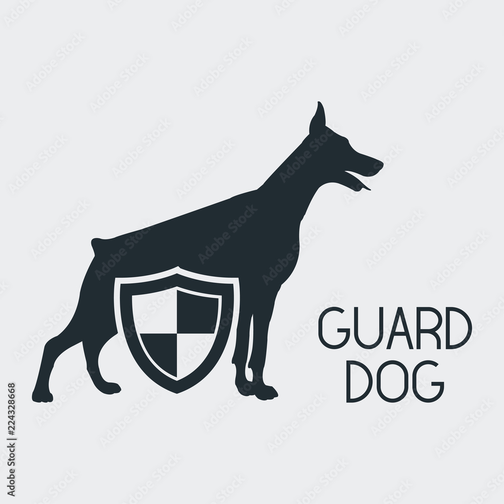 Logotipo GUARD DOG con doberman y escudo en fondo gris