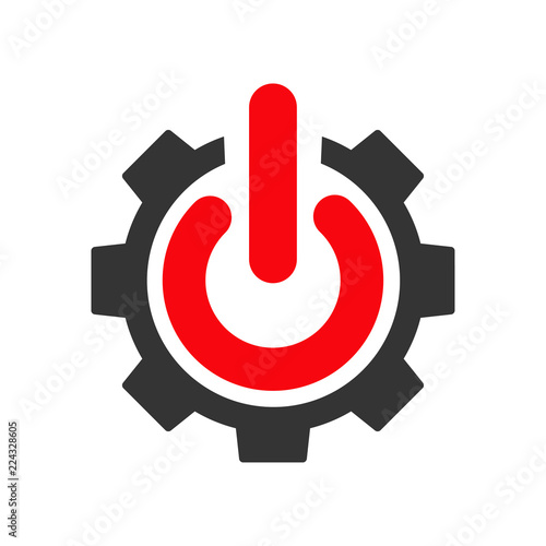Icono plano engranaje con símbolo start en gris y rojo