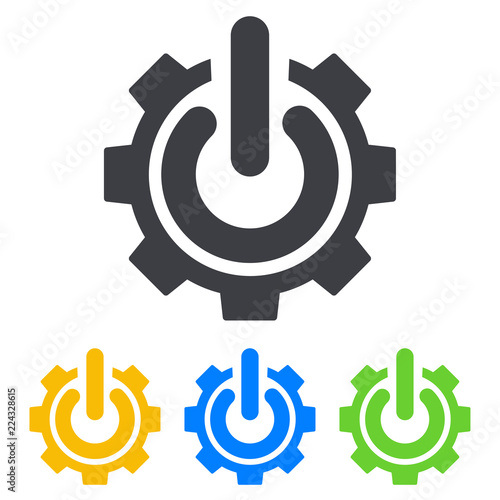 Icono plano engranaje con símbolo start en varios colores