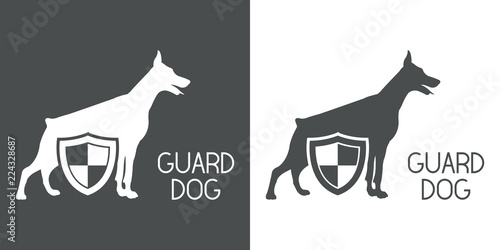 Logotipo GUARD DOG con doberman y escudo en gris y blanco