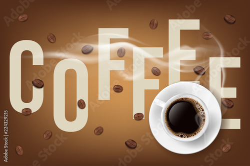 Filled coffee cup and coffee beans with description. 3d vector illustration
