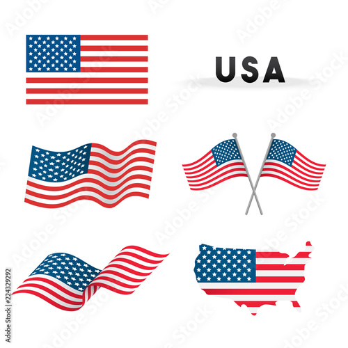 Set of USA Flag Vector illustration. Flags waving with America map isolated on white background.