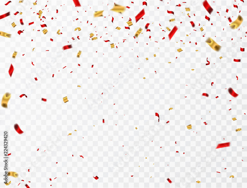 Celebration background template with confetti and gold red ribbons. luxury greeting rich card.