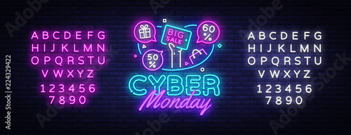 Cyber Monday Sale neon banner vector design template. Cyber Monday Big discounts neon logo, light banner design element colorful modern design trend, bright sign. Vector. Editing text neon sign