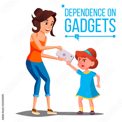 Children s Gadget Dependence Vector. Mother Takes Smartphone From Daughter. Parental Upbringing. Isolated Cartoon Illustration