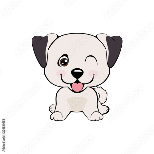 Kawaii funny puppy animal white muzzle with pink cheeks and winking eyes.