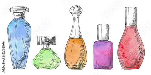 Set of different bottles of perfume. Vector illustration of a sketch style. Stylized watercolor.