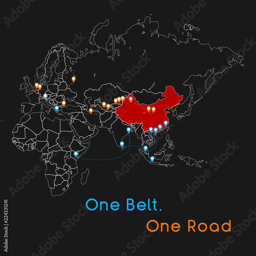  One Belt One Road new Silk Road concept. 21st-century connectivity and cooperation between Eurasian countries. Vector illustration