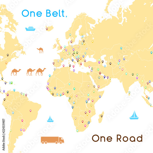  One Belt One Road new Silk Road concept. 21st-century connectivity and cooperation between Eurasian countries. Vector illustration