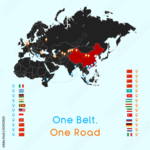  One Belt One Road new Silk Road concept. 21st-century connectivity and cooperation between Eurasian countries. Vector illustration