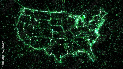 Green binary data explosion from map of USA illustrating Big Data