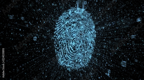 Digital fingerprint with streams of binary data illustrating concept of online security