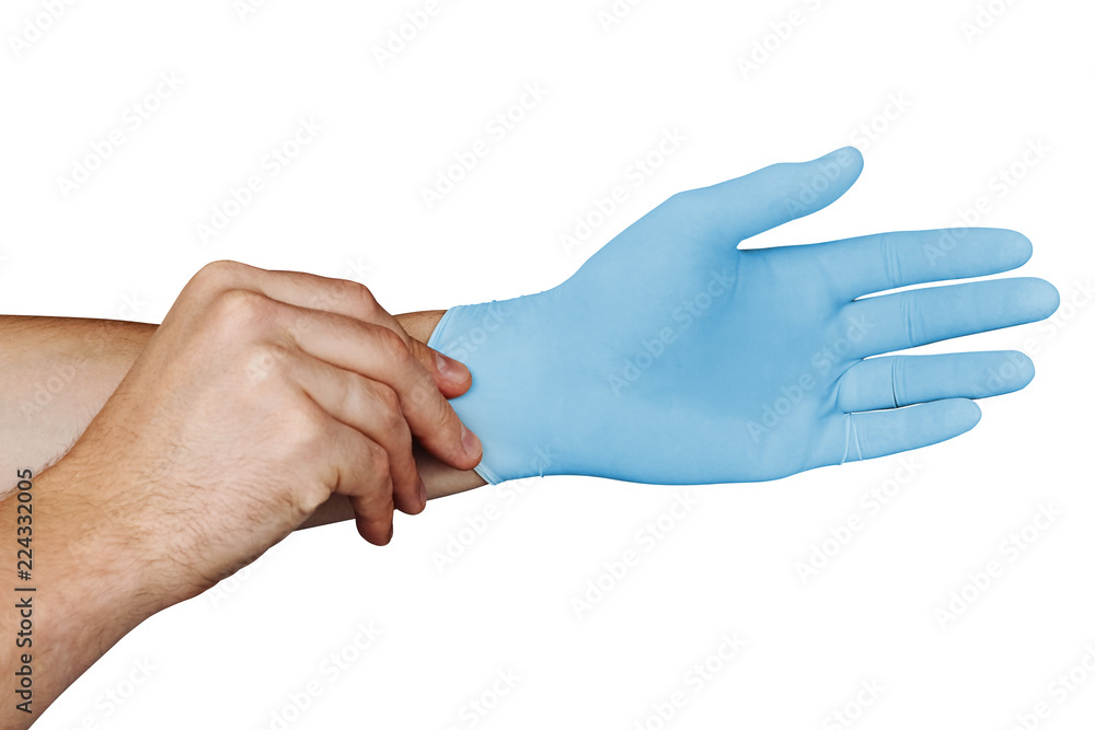 Male hands putting on blue medical gloves isolated on white background