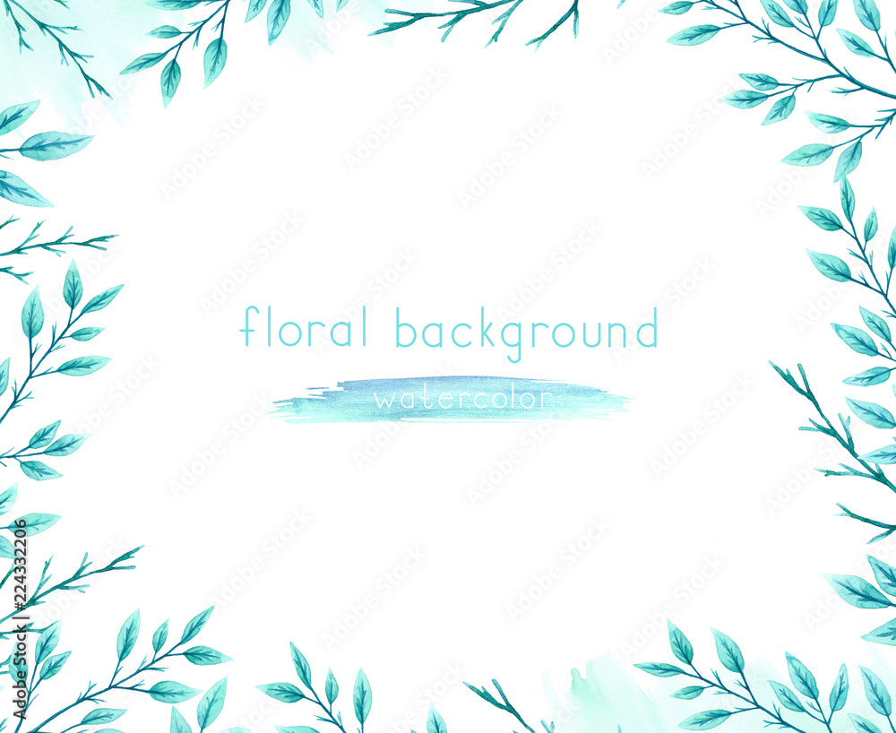 Watercolor background with green leaves and branches on a white background. Watercolor background with green leaves and branches on a white background.