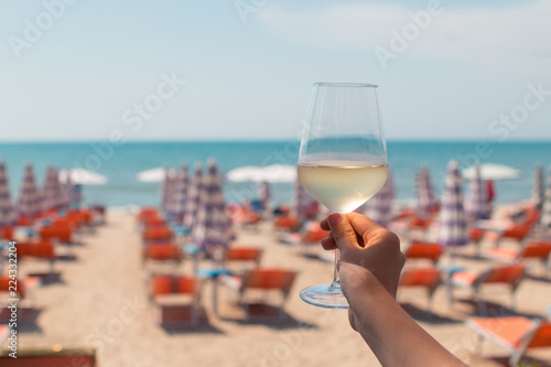 Female hand with a glass of white wine on the background of a beautiful beach. Travel vacations concept. Toned