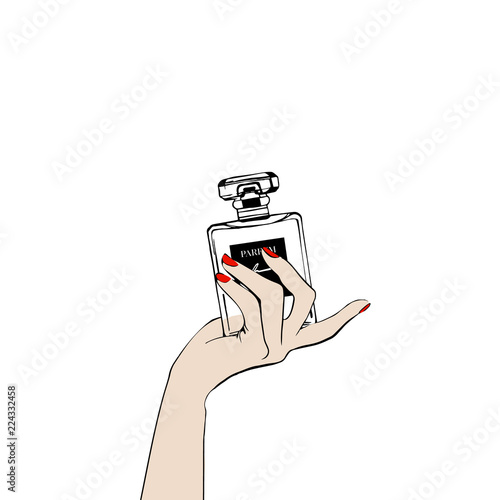 Women's hand with hand draw perfume paris. T-shirt printing design, typography graphics. Hand drawn illustration of female hand with cosmetical accessories. Vector isolated on white background fashion
