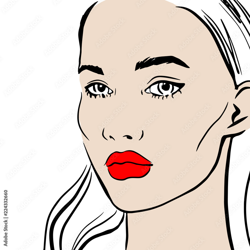 Fashion woman with red lips sketch. Fashion face woman portrait for your design. Beautiful young woman portrait with elegant makeup. Beauty Fashion model. Sketch. Vector illustration. Fashion woman with red lips sketch. Fashion face woman portrait for your design. Beautiful young woman portrait with elegant makeup. Beauty Fashion model. Sketch. Vector illustration.