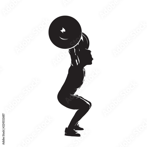 Weightlifter with big barbell, side view. Abstract isolated vector silhouette