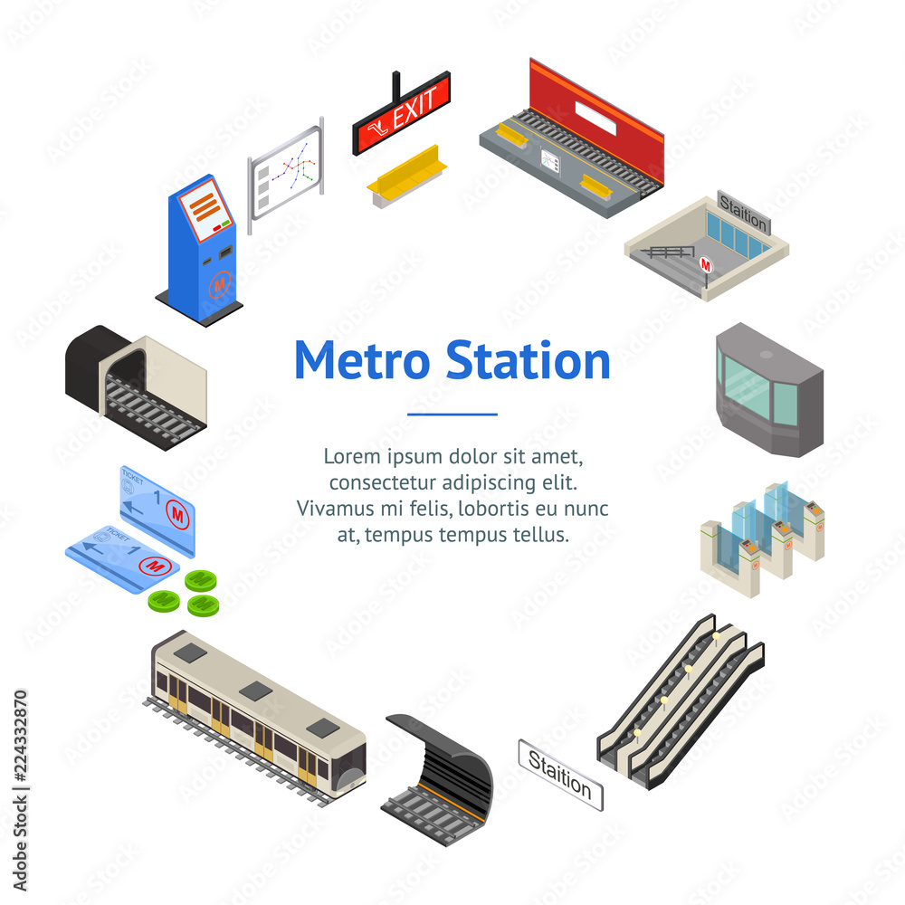Metro Station 3d Banner Card Circle Isometric View. Vector Metro Station 3d Banner Card Circle Isometric View. Vector