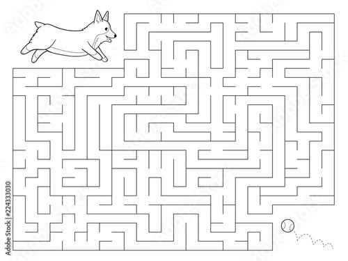 Maze game for kids. Help the Welsh Corgi dog find the right way to a ball. Coloring page. Preschool education. Hand drawn vector illustration.
