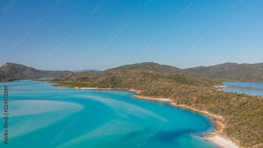 Panoramic aerial view of Whitehaven Beach in Whitsunday Islands, Queensland