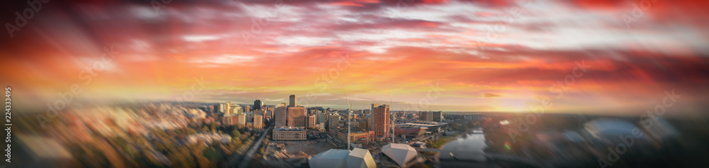 Fototapeta premium Stunning aerial panoramic view of Adelaide skyline at sunset, South Australia