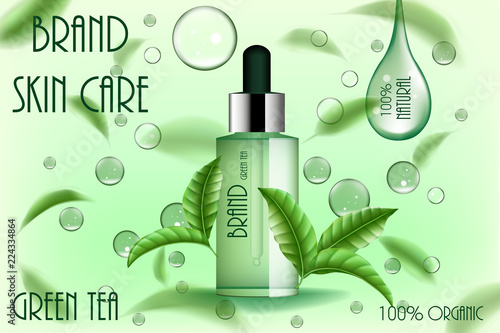 Moisturizing cosmetic ads template. Green tea skin care serum or pure essence with flying tea leaves and water drop. 3d cosmetic product design illustration