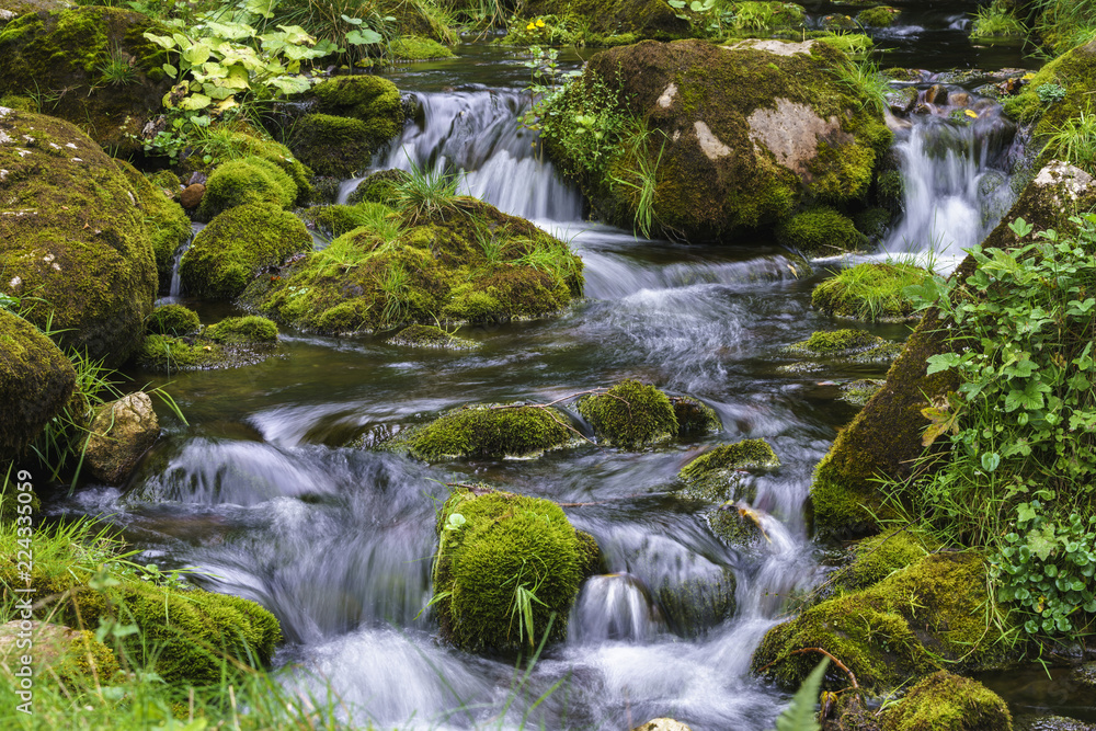 Fototapeta premium Mountain stream cascading over moss covered rocks wot long exposure motion blur