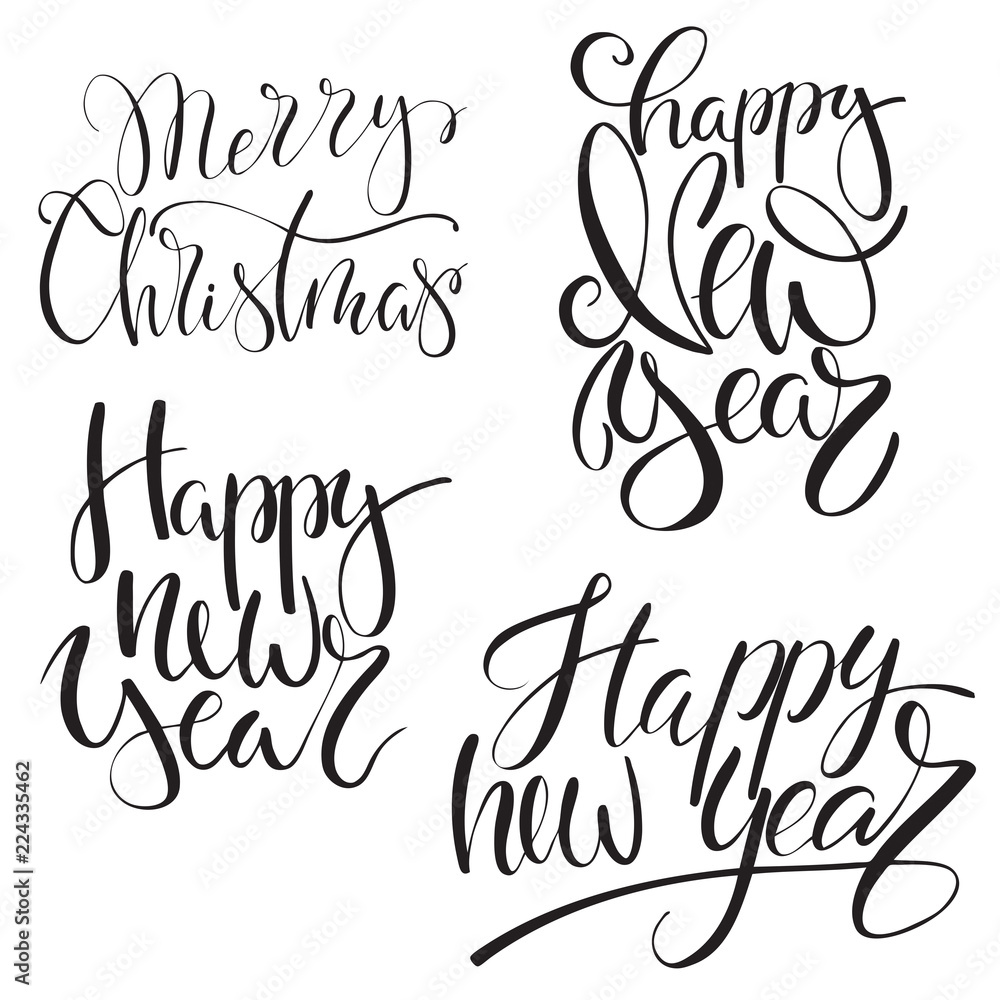 set of calligraphic inscriptions, Happy New Year, Merry Christmas