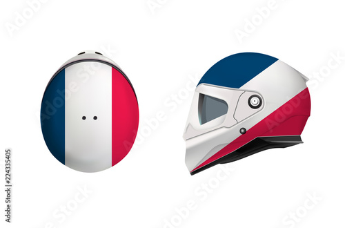 White motorbike classic helmet with France Flag. Front, back and side view