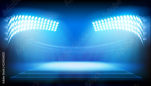 Stage illuminated by floodlights. Vector illustration.