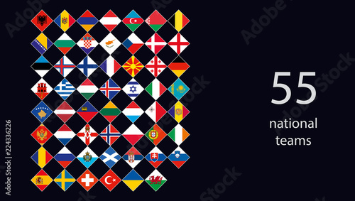 55 national football teams flag icon on black background.