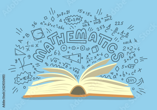 Mathematics. Open book with math doodles on blue background. Education vector illustration.