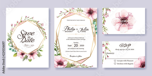 Wedding Invitation, save the date, thank you, rsvp card Design template. Vector. Anemone flower, silver dollar, leaves, Wax flower.