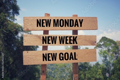 Motivational and inspirational quote - ‘New Monday, New Week, New Goal’ written on wooden signboard. Blurred styled background.