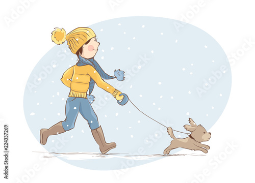 Girl walking a puppy / Young woman is engaged in jogging with a dog, winter vector illustration