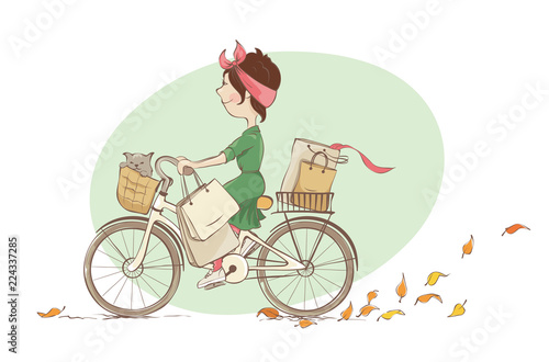 Girl on a bicycle / Vector illustration, young woman and autumn shopping