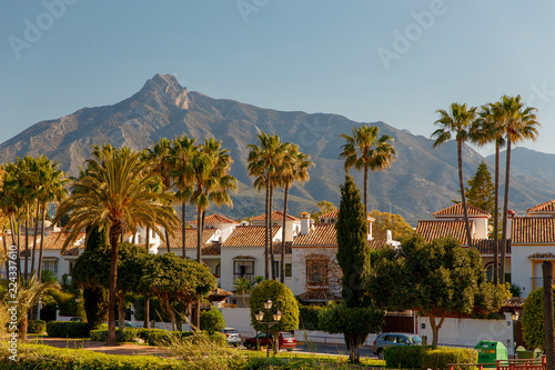 Marbella, Spain - May 4, 2018: Luxury property, beachside apartments  with beautiful blue skies, palm trees with gardens and sea and beach views. Holiday property in Spain on the Costa del sol. photo