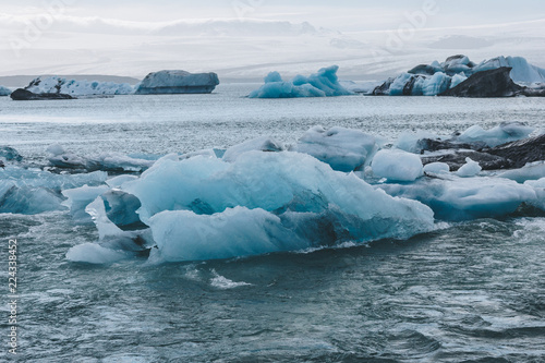 glacier ice pieces floating in lake in Jokulsarlon  Iceland