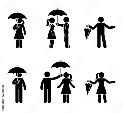 Stickman couple with umbrella icon set. Black pictogram of rain resistant accessory