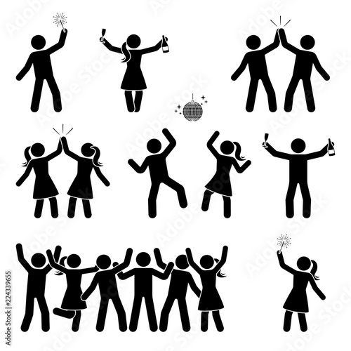 Stick figure celebrating people icon set. Happy men and women dancing, jumping, hands up pictogram