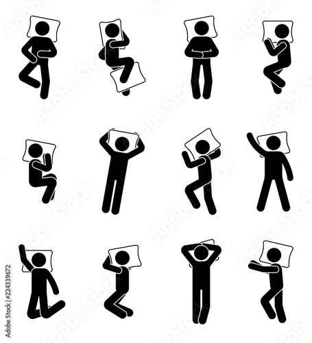 Stick figure man sleeping icon set. Deferent positions single male in bed pictogram