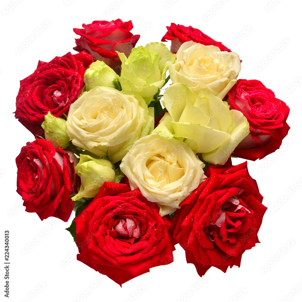 Flower arrangement in bouquet of roses isolated on white background. Floral pattern, still-life, object. Flat lay, top view Flower arrangement in bouquet of roses isolated on white background. Floral pattern, still-life, object. Flat lay, top view